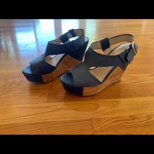 Franco Sarto Womens Blue Leather Cork Wedge Platform Slingback Sandal Shoes 7.5